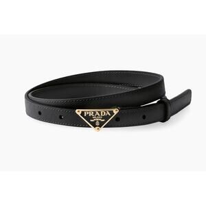Prada Saffiano Womens Thin Plaque Logo Triangle Belt Black Leather 85
